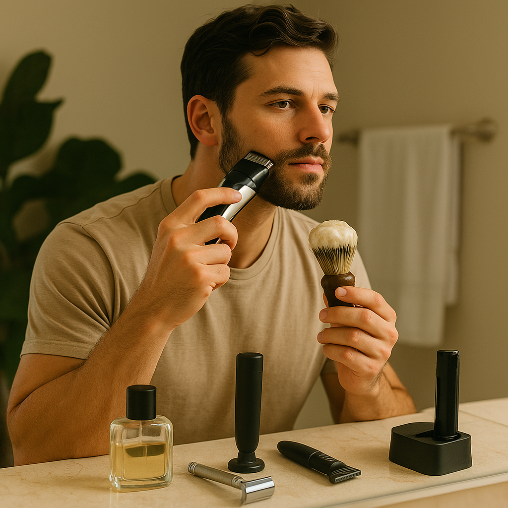 Man grooming with trimmer and shaving brush